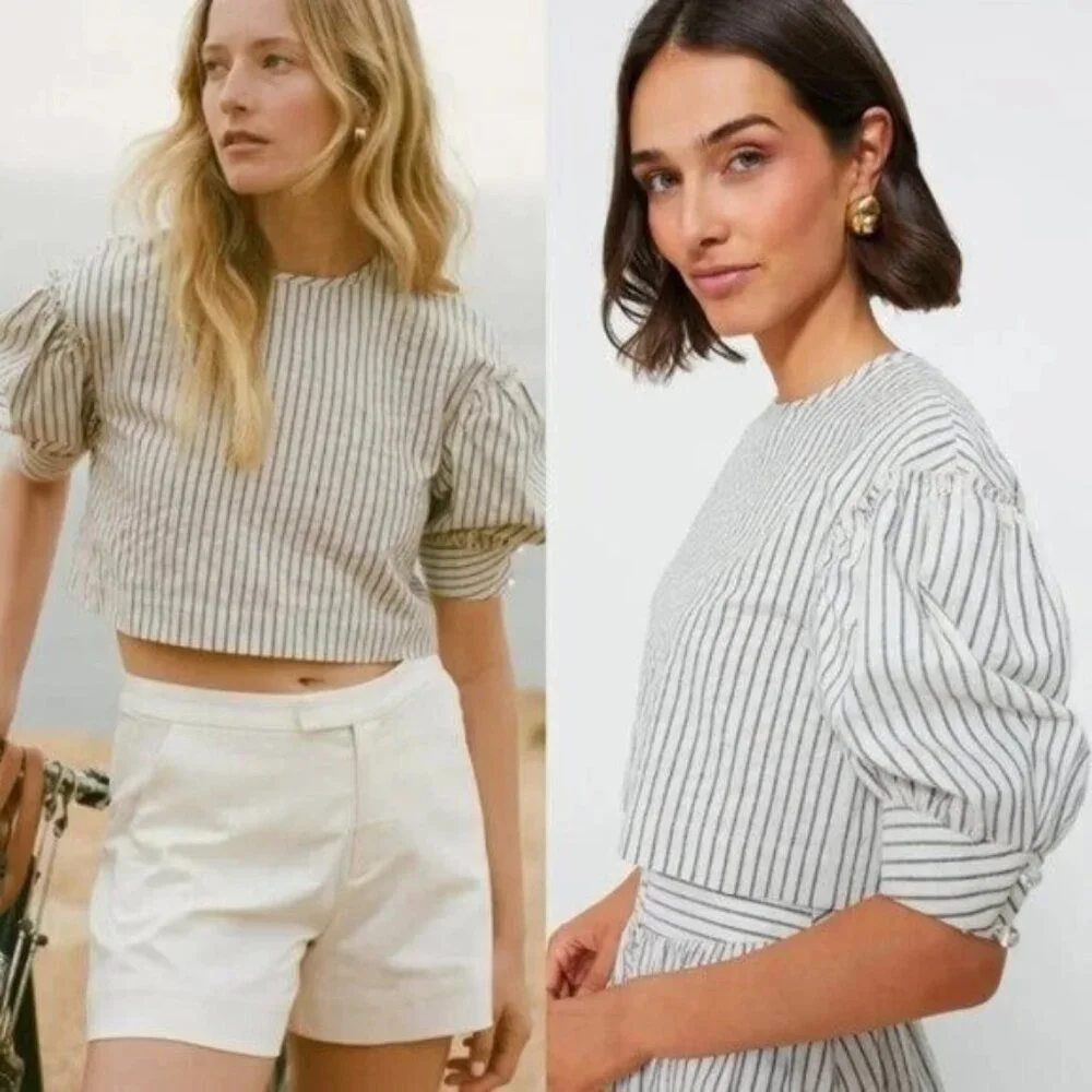Tuckernuck NEW 100% Linen Stripe Edie Puff Sleeve Chic Cropped Blouse Top Sz XS - Picture 3 of 9